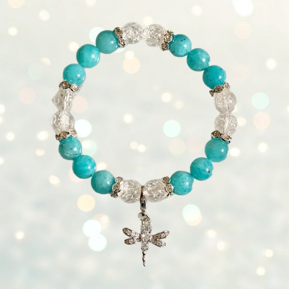 Ice Amazonite with Cracked Clear Quartz Bracelet with Removable Butterly Charm